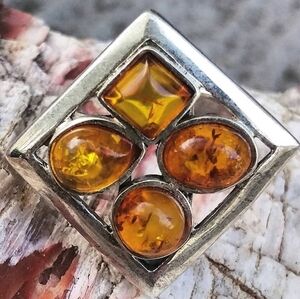 Large Sterling Silver Geometric Amber Ring